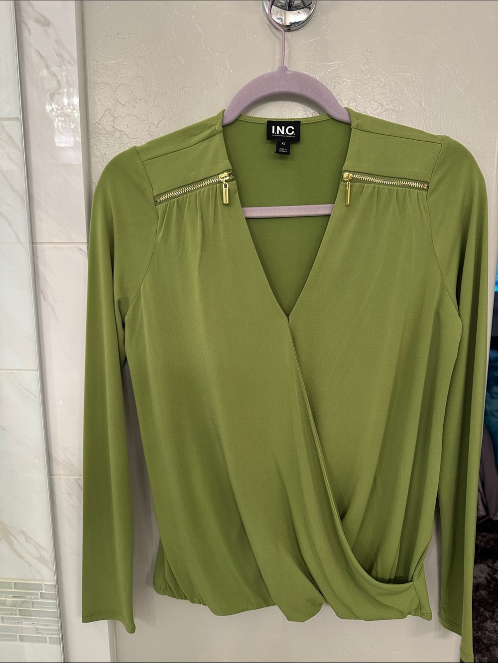 I.N.C. Olive Green Draped V-Neck Blouse with Gold Zippers